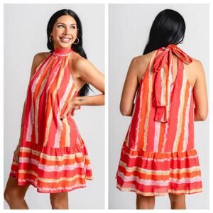 FATE MINI HALTER DRESS ANNISTON WATERCOLOR CORAL size med NWT